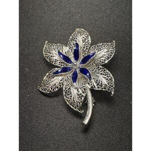 Vintage Sterling Van Lou Filigree Flower Brooch Blue Enamel Accents